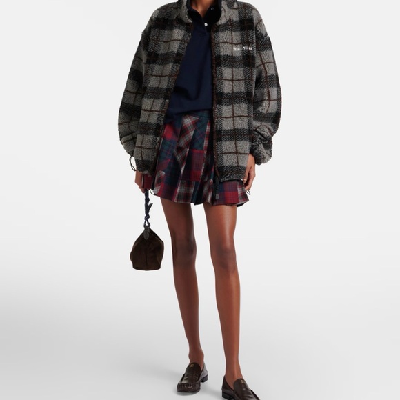 Miu Miu Gray and Brown Plaid Teddy Jacket - Picture 2 of 3